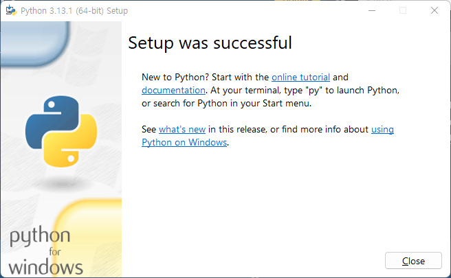 파이썬 설치 완료
